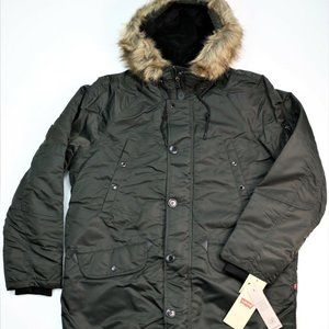 Levi's Flight Satin Jacket Faux Fur Trim Hood Men's Size M Dark Olive New